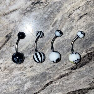 4 Belly Button Ring Set Black White